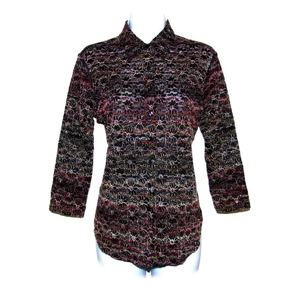 Chico's Metallic Multi-color Embroidered Stretch Mesh Blouse Size 0 Black - Picture 2 of 15